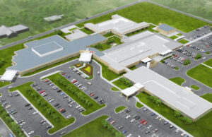A flyover rendering of the completed&nbsp;Drew Memorial Hospital in Monticello &ndash; all new facilities have the darker gray roof as compared to the original building.
