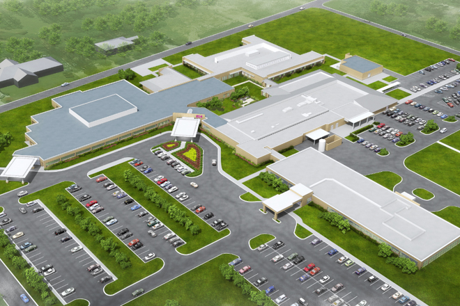 A flyover rendering of the completed&nbsp;Drew Memorial Hospital in Monticello &ndash; all new facilities have the darker gray roof as compared to the original building.