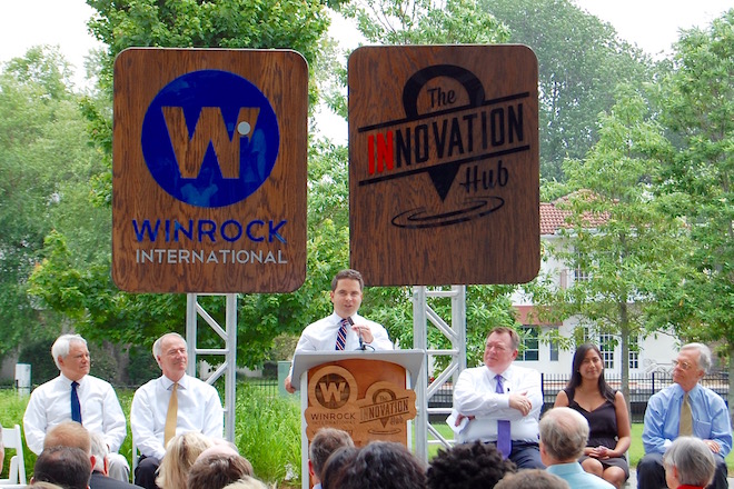Warwick Sabin speaks at a news conference announcing the combination of the Regional Innovation Hub and Winrock International.