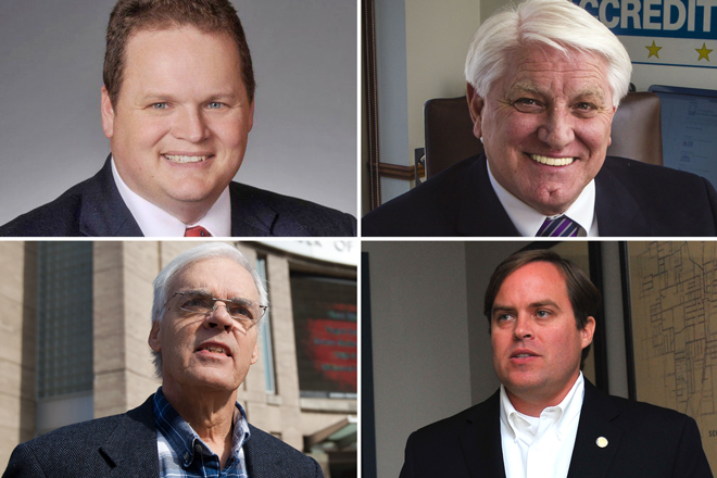 Clockwise from top left: State Rep. Nate Bell; Steve Clark, president and CEO of the Fayetteville Chamber of Commerce; State Sen. Jon Woods; and Jim Lynch.