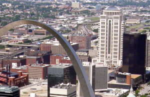 The Thomas Eagleton Federal Courthouse (white building right of the Gateway Arch) in St. Louis, home of the U.S. Court of Appeals for the Eighth Circuit.