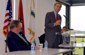 U.S. Rep. French Hill, R-Ark., speaks during an event announcing a $6 million grant to the Little Rock Port. Mayor Mark Stodola, left, looks on.