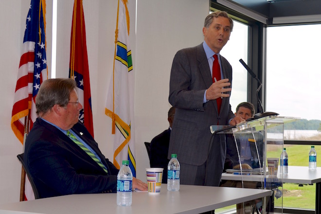 U.S. Rep. French Hill, R-Ark., speaks during an event announcing a $6 million grant to the Little Rock Port. Mayor Mark Stodola, left, looks on.