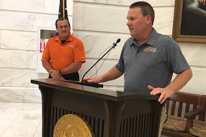 Scott Lancaster, left, of Bad Boy Mowers of Batesville and Mick McDonald, owner of Wideland Ag and Construction.
