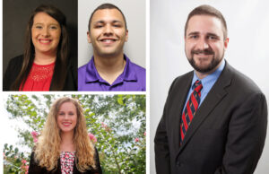 Clockwise from top left: Shelby&nbsp;Fiegel and Corey Parks of UCA, Marc Glidden of UALR, and Rylie Bevill of Ozarka College.