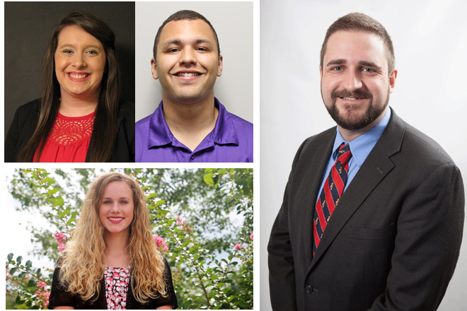 Clockwise from top left: Shelby&nbsp;Fiegel and Corey Parks of UCA, Marc Glidden of UALR, and Rylie Bevill of Ozarka College.