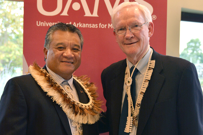 Sheldon Riklon, M.D., and Peter Kohler, M.D., vice chancellor of the northwest University of Arkansas for Medical Sciences campus, following Riklon&rsquo;s investiture into the distinguished professorship that bears Kohler&rsquo;s name.