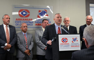 Lt. Gov. Tim Griffin speaks against proposals to legalize marijuana for medical use during a press conference Wednesday at the Arkansas State Chamber of Commerce in Little Rock. From left are Butch Rice of Stallion Transportation Group and the Arkansas Trucking Association, Joe Carter of Snyder Environmental, Doug Wasson of Kinco Constructors, Grady Harvell of AFCO Steel and Gov. Asa Hutchinson.&nbsp;