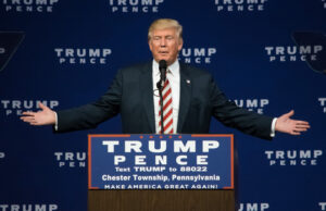GOP presidential candidate Donald Trump delivers a campaign speech at Sun Center Studios in Aston, Pennsylvania.