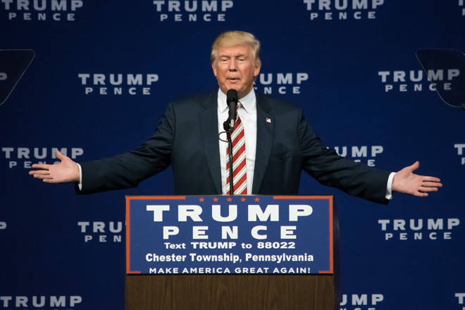 GOP presidential candidate Donald Trump delivers a campaign speech at Sun Center Studios in Aston, Pennsylvania.