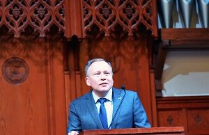 University of the Ozarks President Richard Dunsworth speaks Monday about the Walton Family Foundation's $10 million gift that will establish a new scholarship program.&nbsp;