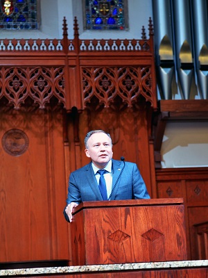 University of the Ozarks President Richard Dunsworth speaks Monday about the Walton Family Foundation's $10 million gift that will establish a new scholarship program.&nbsp;