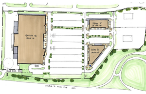 A brochure from Shop Companies of Dallas reimagines the portion of the property that fronts Interstate 630. It shows a 123,000-SF grocery store and two new 14,000-SF buildings.