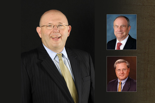 Former Deltic Timber CEO Ray Dillon, left, with Board Chairman Robert C. Nolan at top and Interim CEO D. Mark Leland