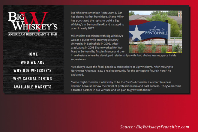 A screenshot from Big Whiskey's franchise website highlights the move into Bentonville in a February 2016 post.