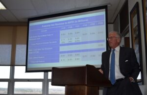 Craig Douglass, executive director of the Arkansas Good Roads Foundation, presents revenue projections to the State Highway Commission at a special meeting Wednesday at the state Highway Department's central office.&nbsp;