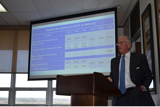 Craig Douglass, executive director of the Arkansas Good Roads Foundation, presents revenue projections to the State Highway Commission at a special meeting Wednesday at the state Highway Department's central office.&nbsp;