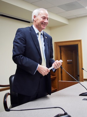 Gov. Asa Hutchinson during a legislative forum on Wednesday put on by the Arkansas Associated Press Managing Editors.