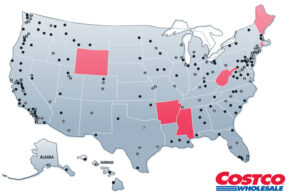 In the United States, Costco Wholesale operates stores in 44 states (shown in blue), plus Washington D.C. and Puerto Rico. Arkansas is one of six states currently without a Costco location.