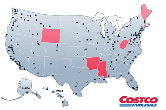 In the United States, Costco Wholesale operates stores in 44 states (shown in blue), plus Washington D.C. and Puerto Rico. Arkansas is one of six states currently without a Costco location.