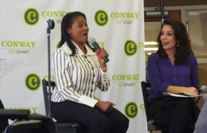 Lencola Sullivan, left, speaks with Christina Madsen, associate vice president of communications, public relations and marketing for the University of Central Arkansas, on Thursday at the Conway Area Chamber of Commerce&rsquo;s first CEO Luncheon of the year.
&nbsp;