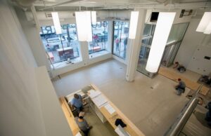 The lobby and coffee shop of the Little Rock Technology Park's anchor facility at 417 Main St.