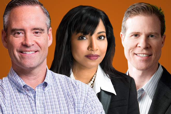 From left, Tyson CEO Tom Hayes; Sally Grimes, president of North American retail; and Andy Callahan, president of North American food service and international.