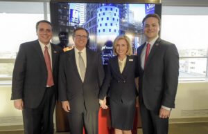 From left to right: Shane Hunt, dean of the A-State business college; Curt and Chucki Bradbury; and Jason Penry,&nbsp;vice chancellor for university advancement.