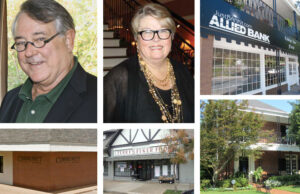 Clockwise from top left: Lex Golden; Ellen Golden; former Heights location of Allied Bank, Golden home, and Terry's Finer Foods properties, all in Little Rock; and Community State Bank in Bradley.