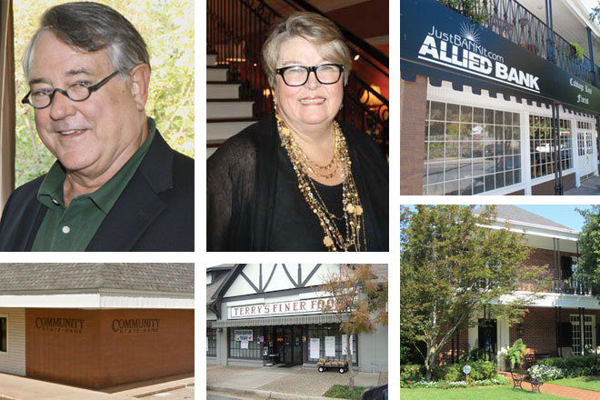 Clockwise from top left: Lex Golden; Ellen Golden; former Heights location of Allied Bank, Golden home, and Terry's Finer Foods properties, all in Little Rock; and Community State Bank in Bradley.