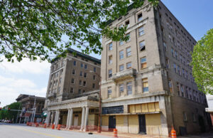 The once-elegant Hotel Pines on Main Street in Pine Bluff is being tested for renovation. The nonprofit Pine Bluff Rising bought the property for one dollar, but has committed $300,000 for pumping out the basement, shoring up columns and fixing the roof to see if the hotel can be saved.