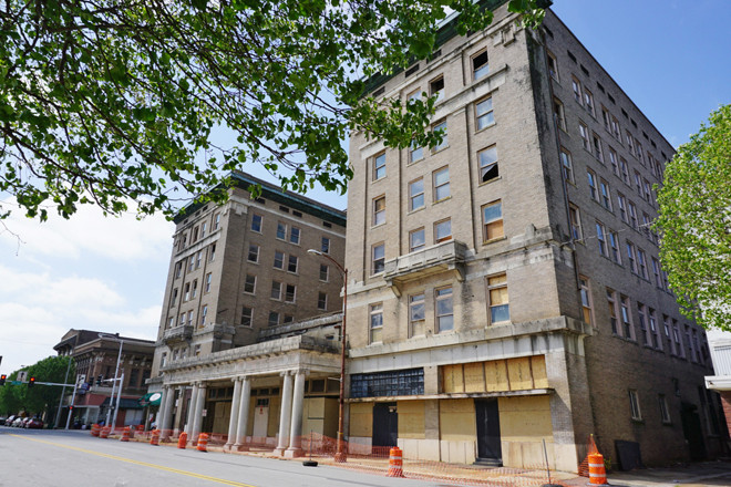 The once-elegant Hotel Pines on Main Street in Pine Bluff is being tested for renovation. The nonprofit Pine Bluff Rising bought the property for one dollar, but has committed $300,000 for pumping out the basement, shoring up columns and fixing the roof to see if the hotel can be saved.