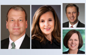 Clockwise from left: Arkansas Bankers Association 2017-18 Chairman Dave Dickson of Union Bank & Trust, Incoming Chairman Cathy Owen of Eagle Bank & Trust, Vice Chairman Robert Robinson of Simmons Bank, and Treasurer Judy Lawton of Heartland Bank.