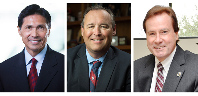 The three finalists for Arkansas State's chancellor position are, from left, Dr. Alan Shao, dean of the School of Business at The College of Charleston in South Carolina; Dr. Kelly Damphousse, dean of the College of Arts and Sciences at the University of Oklahoma; and Dr. Ronald Elsenbaumer, interim provost and vice president for academic affairs at the University of Texas at Arlington.