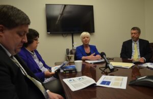 Arkansas DHS Director Cindy Gillespie and other DHS officials speak with reporters Wednesday about "Arkansas Works 2.0."