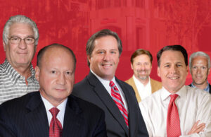 Former and current One Bank & Trust executives, from left: Layton "Scooter" Stuart, Jerry Pavlas, Jim Schnoes, Brad Paul, Michael Heald and Gary Rickenbach.