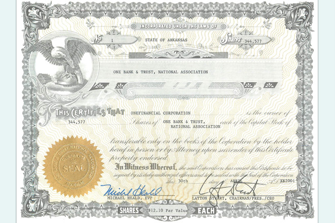Controlling interest in One Bank & Trust is marked for court-ordered sale. The stock, seized by U.S. Marshals 17 months ago, was owned through OneFinancial Corp. by  Layton “Scooter” Stuart, chairman, president and CEO of the holding company and the bank.
