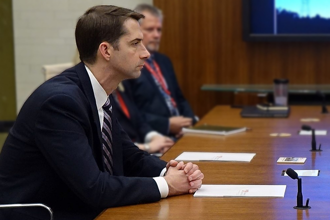 Sen. Tom Cotton visits the Little Rock headquarters of Southwest Power Pool last month.