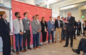 Gov. Asa Hutchinson, during Wednesday's kickoff event, speaks to representatives of the companies chosen to participate in the Venture Center's 2017 FinTech Accelerator at the Little Rock Technology Park.