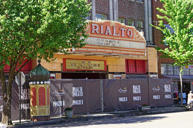 The Rialto Theater on Cedar Street, along with the old bus depot and McWilliams Building behind it, will be rebuilt into an art exhibition hall and artists’ living space in Phase 2 of the Murphy Arts Center project.
