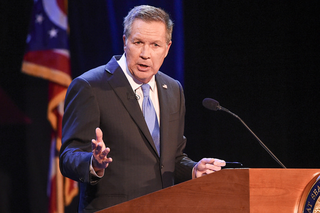 Ohio Governor John Kasich delivers his State of the State speech in Sandusky, Ohio, on April 4.