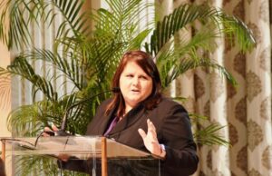 Maggie Sans, senior vice president and chief corporate affairs officer for Wal-Mart in China, speaks Wednesday at the&nbsp;2017 Governor&rsquo;s Award for Excellence in Global Trade Awards luncheon.