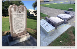 The Ten Commandments monument at the Arkansas State Capitol after it was placed on June 27, 2017, and how it appeared on the next day.