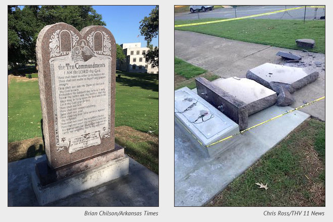 The Ten Commandments monument at the Arkansas State Capitol after it was placed on June 27, 2017, and how it appeared on the next day.