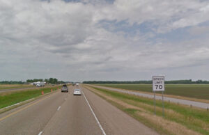 Westbound traffic passes a speed limit sign on Interstate 40 outside West Memphis.