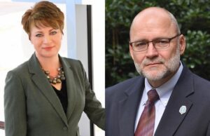 Karla Fisher, who is resigning as Chancellor of Arkansas State University at Beebe, and Roger Moore, who has been named interim chancellor.&nbsp;