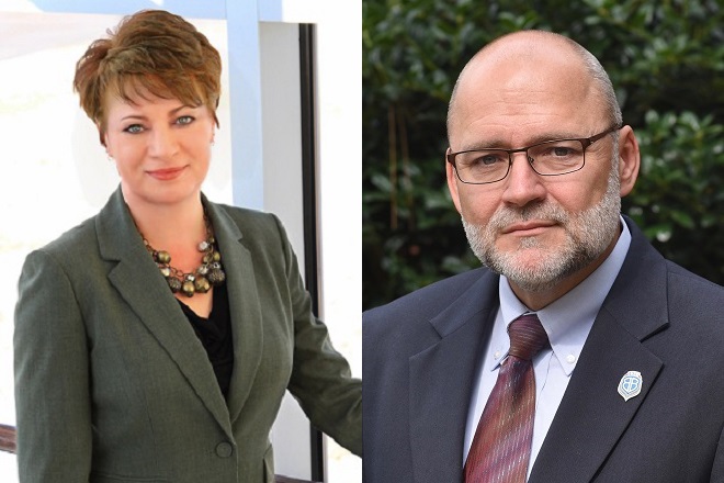 Karla Fisher, who is resigning as Chancellor of Arkansas State University at Beebe, and Roger Moore, who has been named interim chancellor.&nbsp;