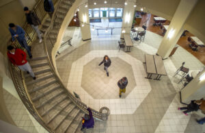 Students walk through the lobby of the student center at Northwest Arkansas Community College.