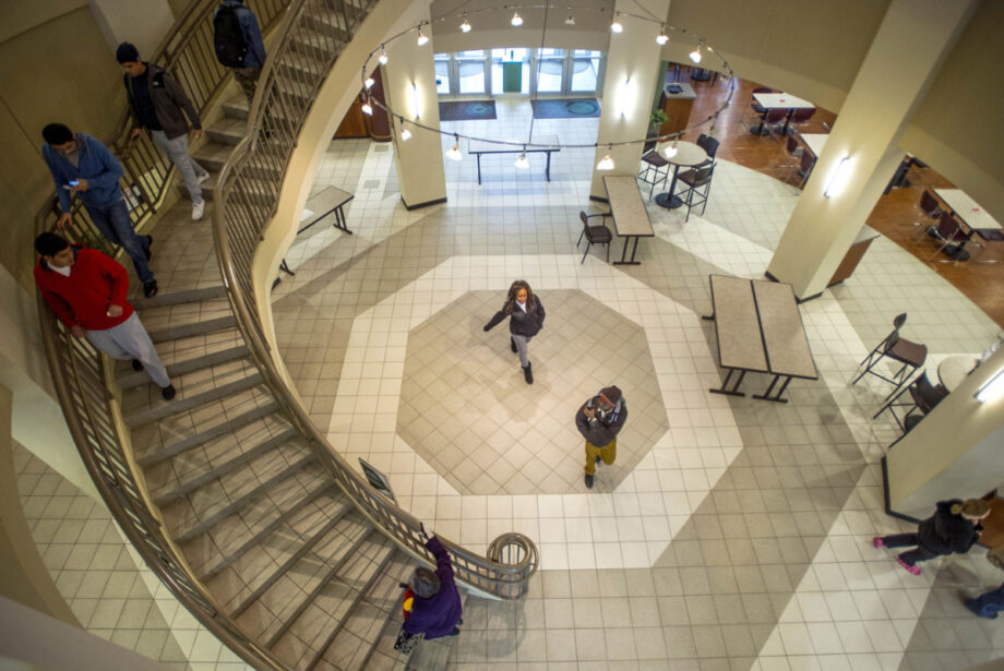 Students walk through the lobby of the student center at Northwest Arkansas Community College.