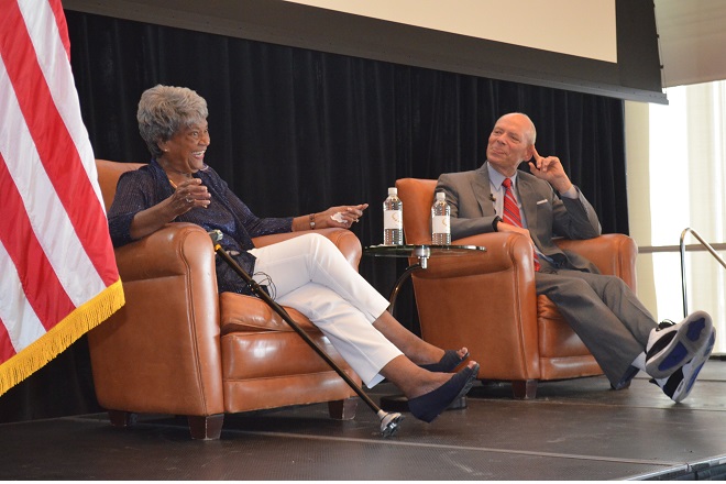 The U.S. Navy's "hidden figure," Raye J. Montague speaks during and interview with THV 11's Craig O'Neill at the Little Rock Rotary Club's weekly meeting Tuesday.